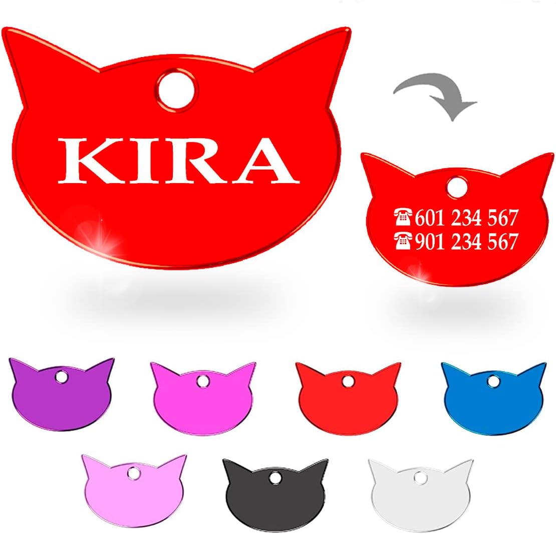 Ibera Gifts - Chapa Identificativa Gato en Forma de Cara de Gato, Chapa Nombre Gato para Gatos de Todos los Tamaños, Aluminio Brillante, Collar Gato Personalizado (Rojo)