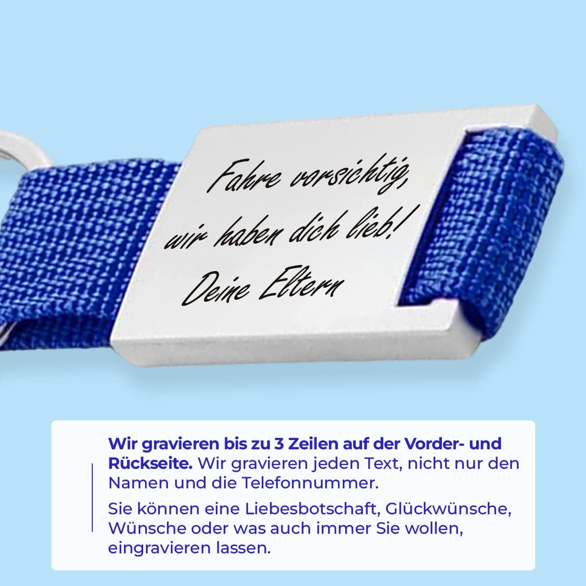 ibera gifts Personalisierter Schlüsselanhänger aus Metal/Polyester - Personalisierte Anhänger Geschenke Mit Gravur für Freund, Freundin, Vatertag, Muttertag, Partner, Mama, Papa