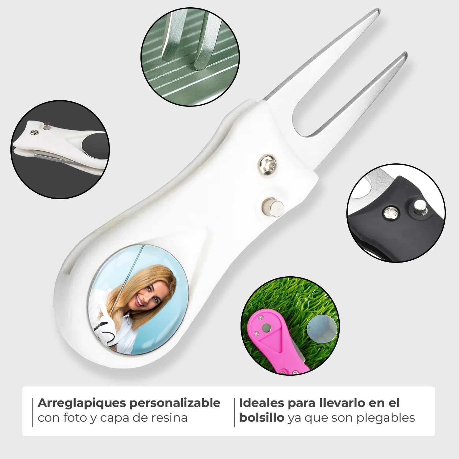 Arreglapiques de Golf con Marcador Magnetico Bolas Personalizado con Foto - Regalos para golfistas - Divot Tool, Pitch Fork, Accesorios arregla piques Repair pique repara green - Acabado Profesional