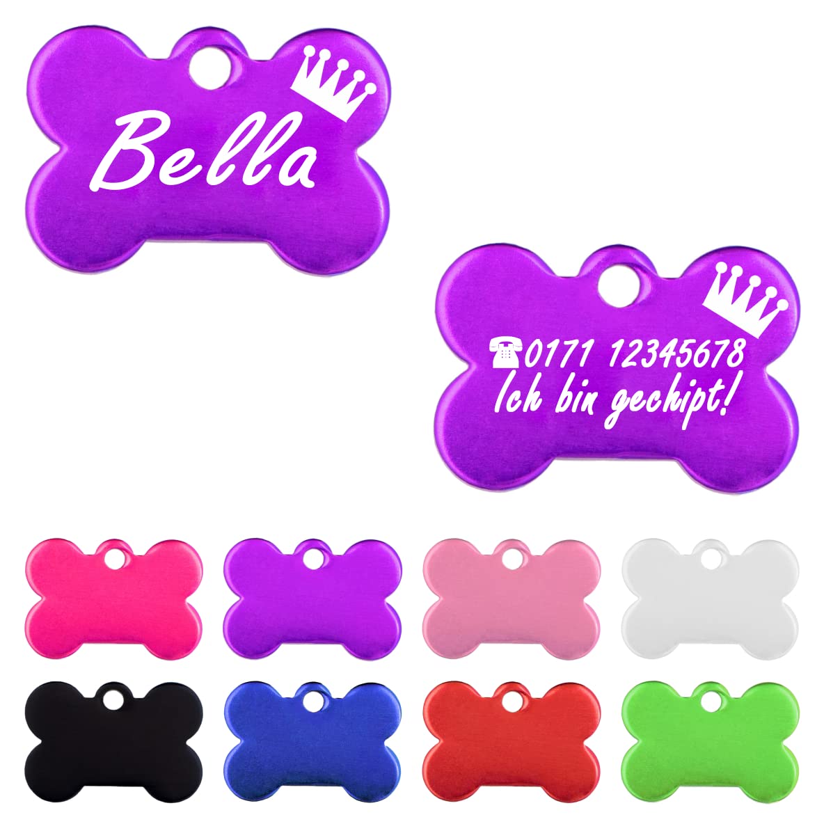 Iberiagifts - Hundemarke Knochen mit Gravur und Kronefür sehr kleine Welpen - Hunde - Katzen Haustier Plakette Anhänger Halsband Medaillon graviert personalisiert (Silber)