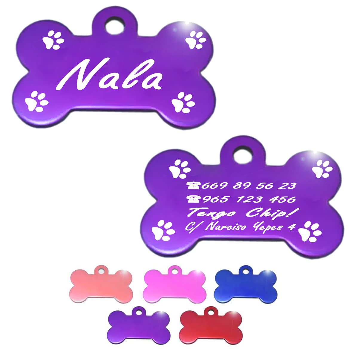 Ibera Gifts - Chapa Perro Grabada en Forma de Hueso con Dibujo de Patas, Placa Perro Personalizada para Perros y Gatos Grandes a Muy Grandes, XL, Chapa Identificativa Perro y Gato (Azul)