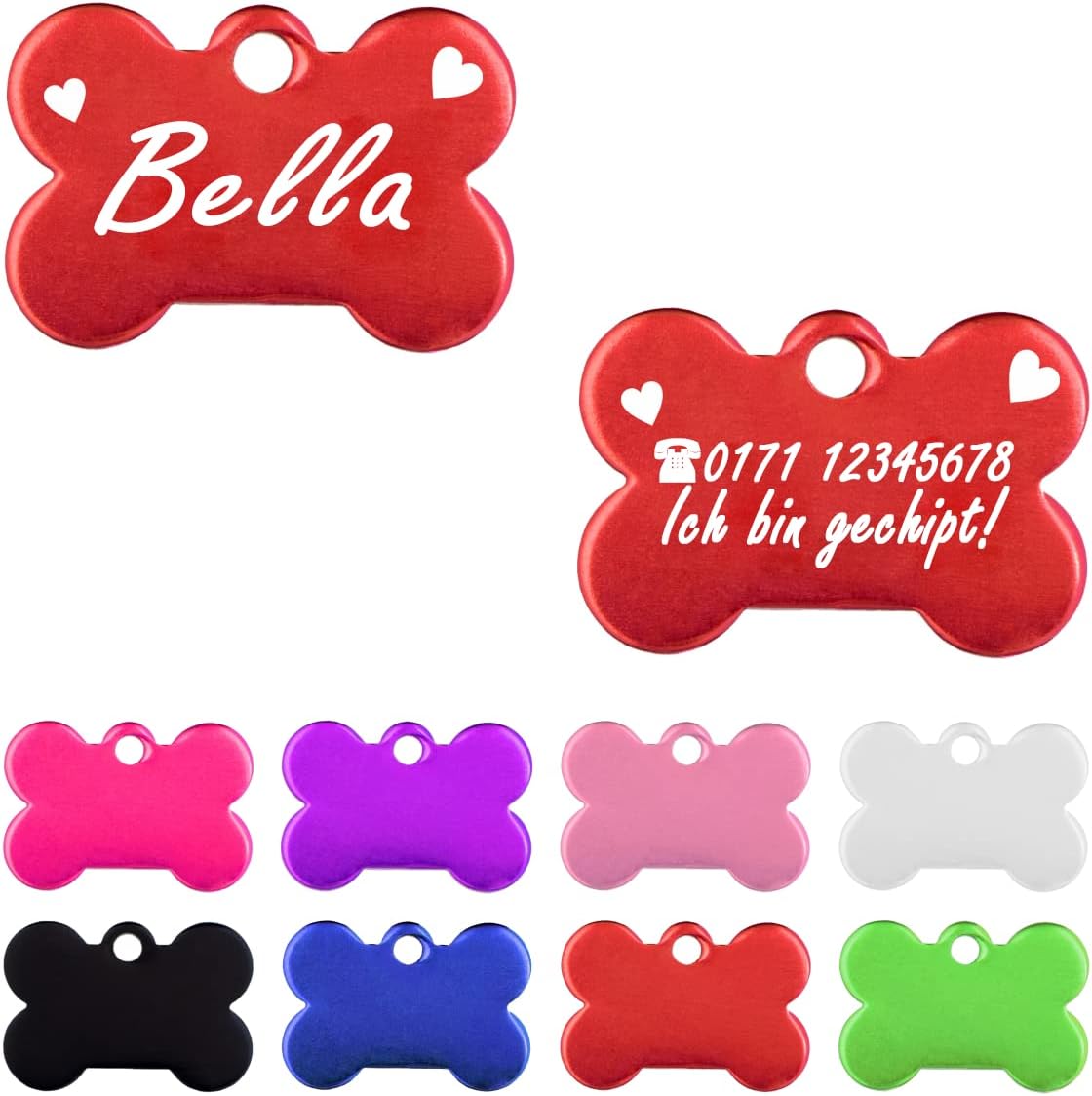 Iberiagifts - Hundemarke Knochen mit Gravur und Herzen für sehr kleine Welpen - Hunde - Katzen Haustier Plakette Anhänger Halsband Medaillon graviert personalisiert (Rot)