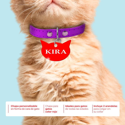 Ibera Gifts - Chapa Identificativa Gato en Forma de Cara de Gato, Chapa Nombre Gato para Gatos de Todos los Tamaños, Aluminio Brillante, Collar Gato Personalizado (Rojo)