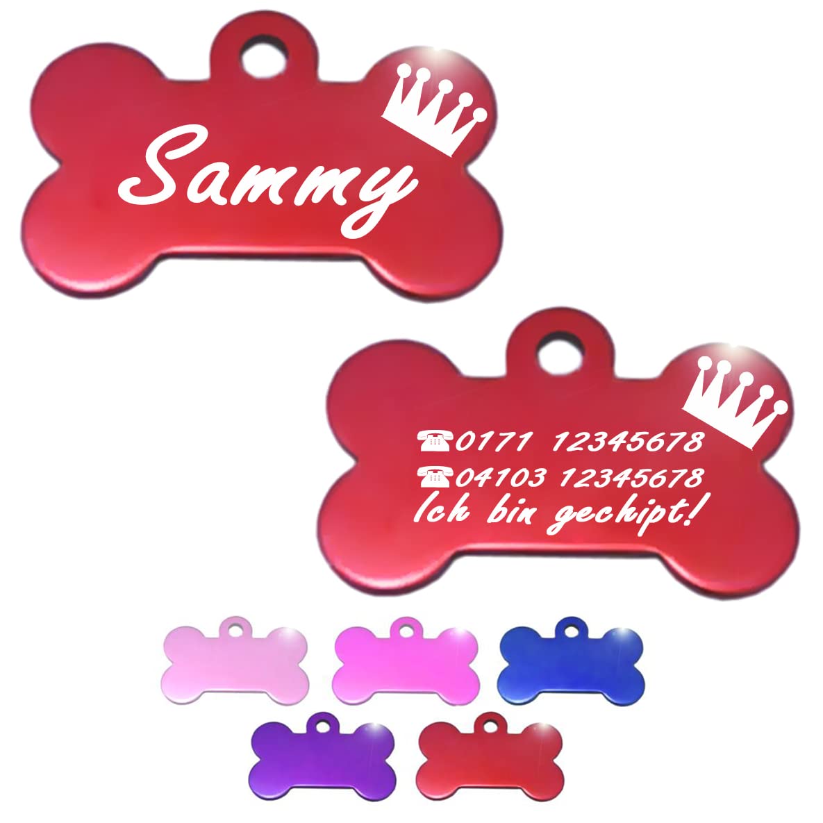 Ibera gifts - Hundemarke mit Gravur, Hundemarke personalisiert, XL, Knochenförmig, für große Haustiere, Aluminium (Lila)