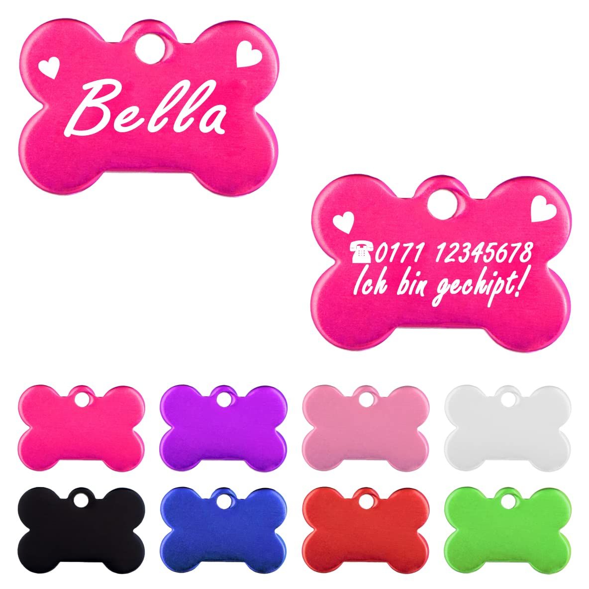 Iberiagifts - Hundemarke Knochen mit Gravur und Herzen für sehr kleine Welpen - Hunde - Katzen Haustier Plakette Anhänger Halsband Medaillon graviert personalisiert (Rot)