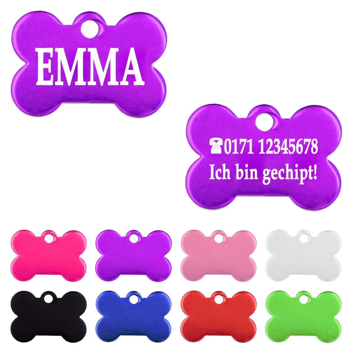 Iberiagifts - Tiermarke Knochen aus Aluminium mit Gravur für sehr kleine Hunde und Katzen - Plakette für Hund und Katzen graviert personalisiert (Blau)