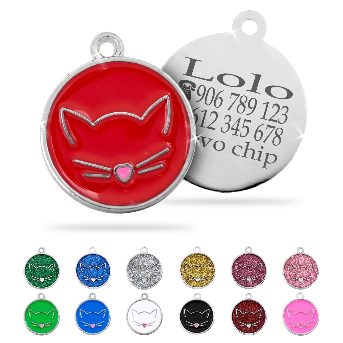 Ibera Gifts - Chapa Identificativa para Gato en Forma Redonda Con Cara de Gato, Nombre para Gatos de Todos los Tamaños, Metal de Aleación, Collar Personalizado (Negro)