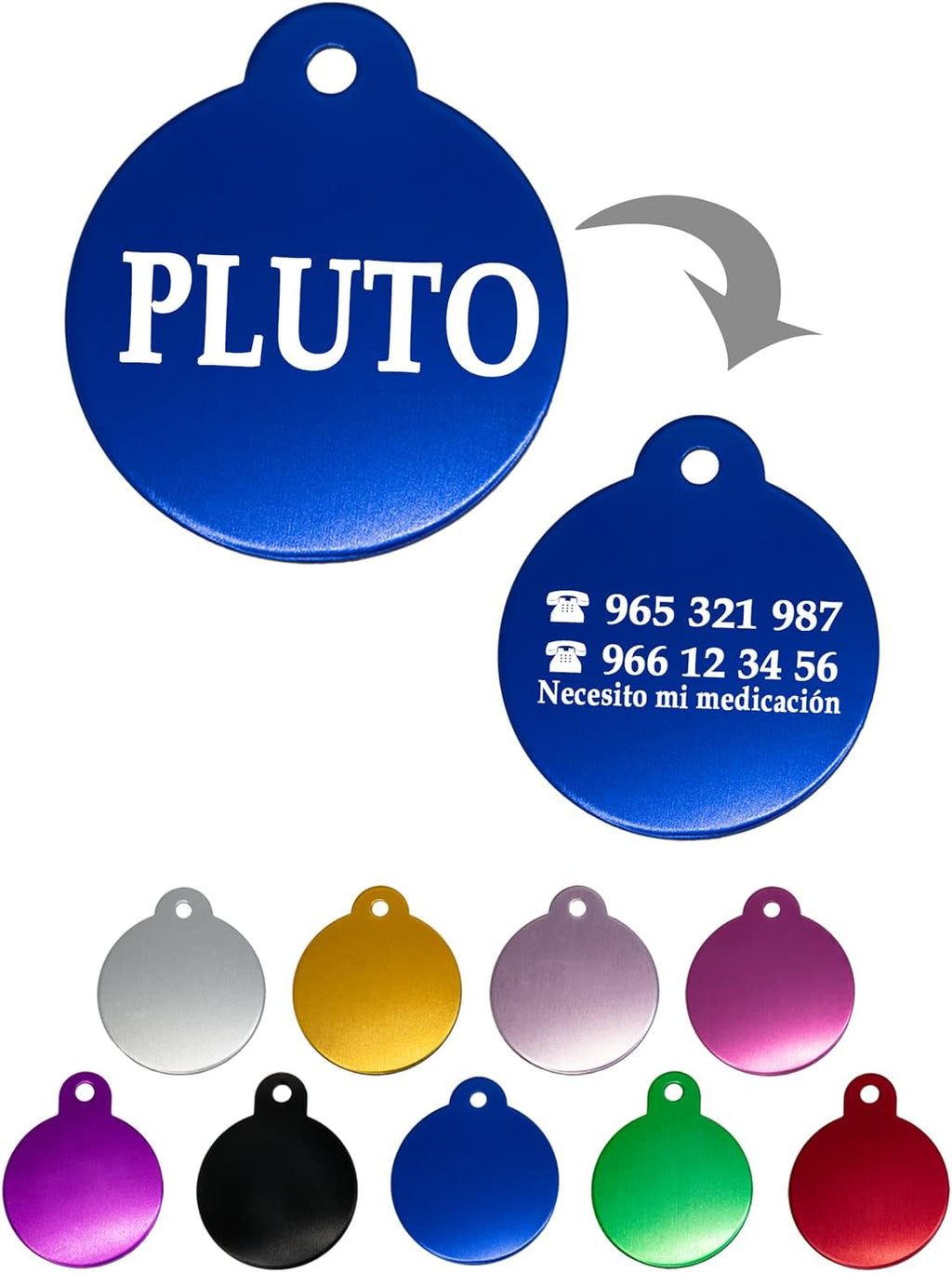 Ibera Gifts - Chapa Perro Grabada en Forma Redonda, Placa Perro Personalizada para Perros y Gatos Medianos a Grandes, Tamaño 30 x 30 mm, Chapa Identificativa Perro y Gato (Azul)