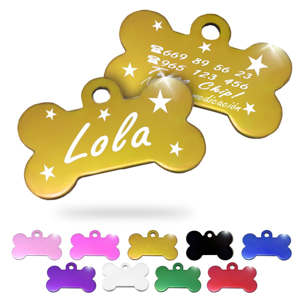 Ibera Gifts - Chapa Perro Grabada en Forma de Hueso, Placa Perro Personalizada para Perros y Gatos Medianos y Grandes, Tamaño 40 x 26 mm, Chapa Identificativa Perro y Gato (Negra)