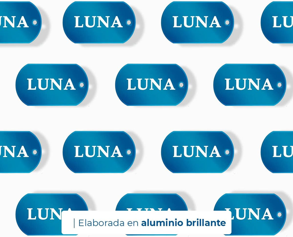 Ibera Gifts - Chapa Perro Grabada en Forma de Chapa Militar, Placa Perro Personalizada para Perros y Gatos Medianos a Muy Grandes, Tamaño 53 x 28 mm, Chapa Identificativa Perro y Gato (Azul)