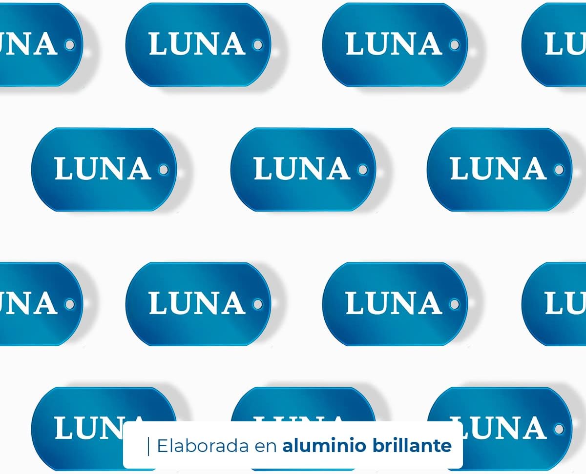 Ibera Gifts - Chapa Perro Grabada en Forma de Chapa Militar, Placa Perro Personalizada para Perros y Gatos Medianos a Muy Grandes, Tamaño 53 x 28 mm, Chapa Identificativa Perro y Gato (Azul)