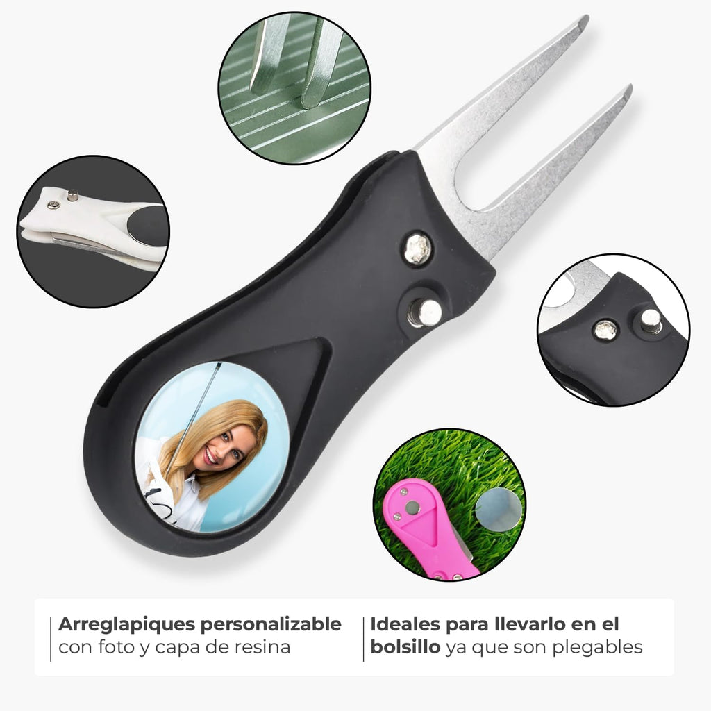 Arreglapiques de Golf con Marcador Magnetico Bolas Personalizado con Foto - Regalos para golfistas - Divot Tool, Pitch Fork, Accesorios arregla piques Repair pique repara green - Acabado Profesional