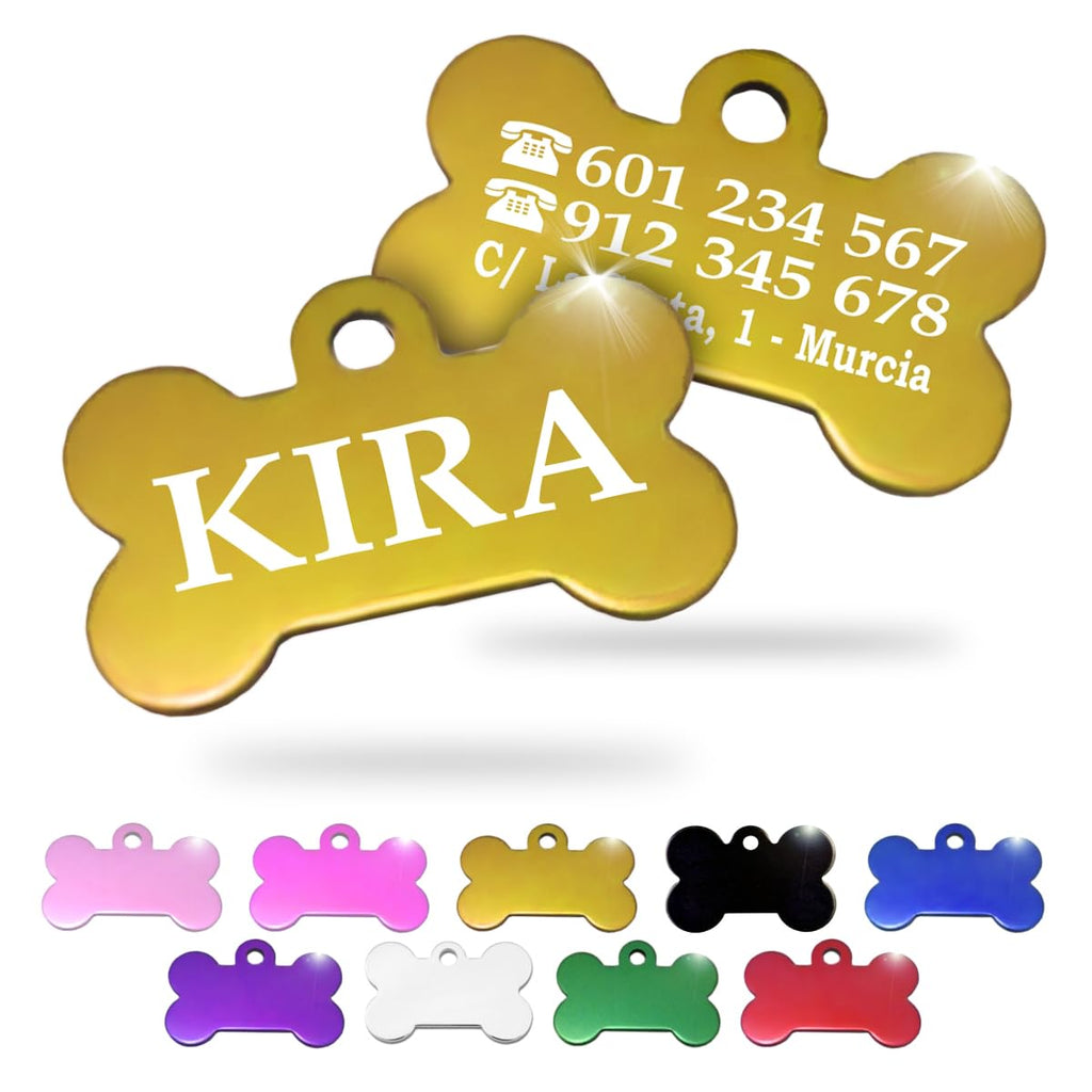 Ibera Gifts - Chapa Perro Grabada en Forma de Hueso, Placa Perro Personalizada para Perros y Gatos Pequeños y Medianos, Tamaño 30 x 20 mm, Chapa Identificativa Perro y Gato (Plateada)