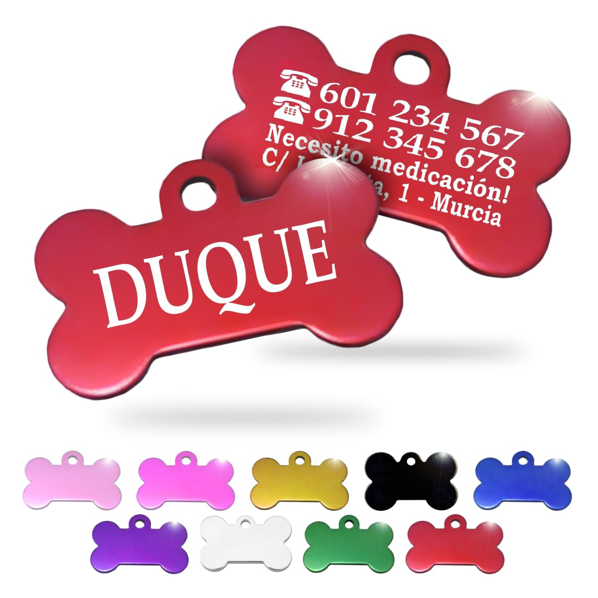 Ibera Gifts - Chapa Perro Grabada en Forma de Hueso, Placa Perro Personalizada para Perros y Gatos Medianos y Grandes, Tamaño 40 x 26 mm, Chapa Identificativa Perro y Gato (Negra)