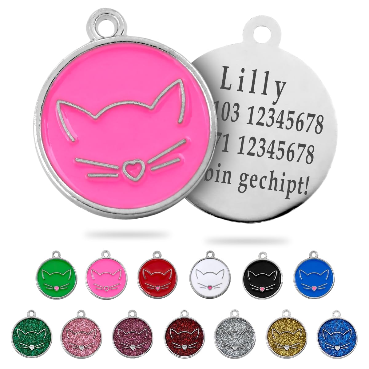Ibera gifts - Runder Anhänger Katze mit Katzengesicht, personalisierter Adressanhänger für mittelgroße bis große Katzen, legiertes Metall, 25 x 25 mm, 4 Gravurzeilen auf der Rückseite (Glitter Blue)