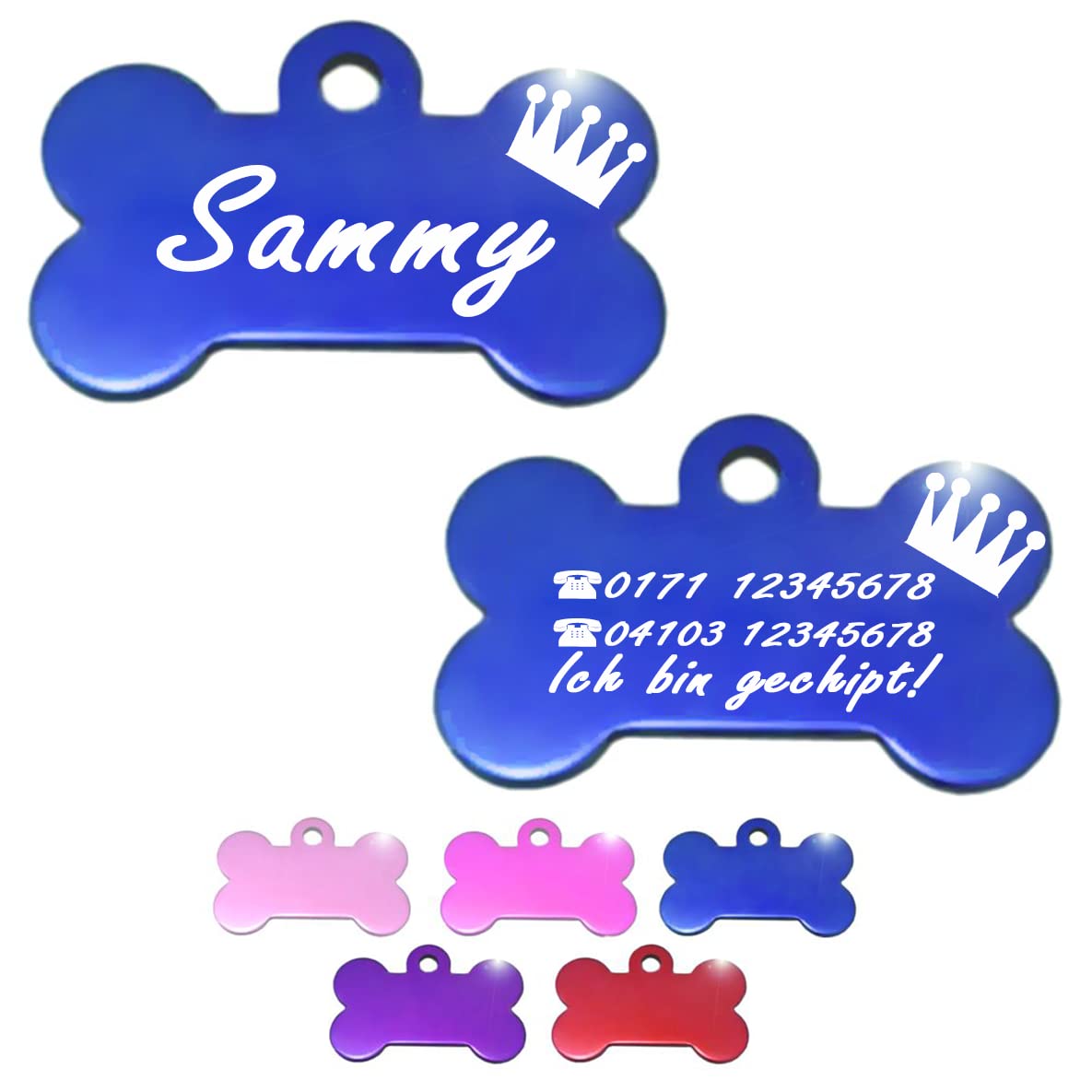 Ibera gifts - Hundemarke mit Gravur, Hundemarke personalisiert, XL, Knochenförmig, für große Haustiere, Aluminium (Lila)