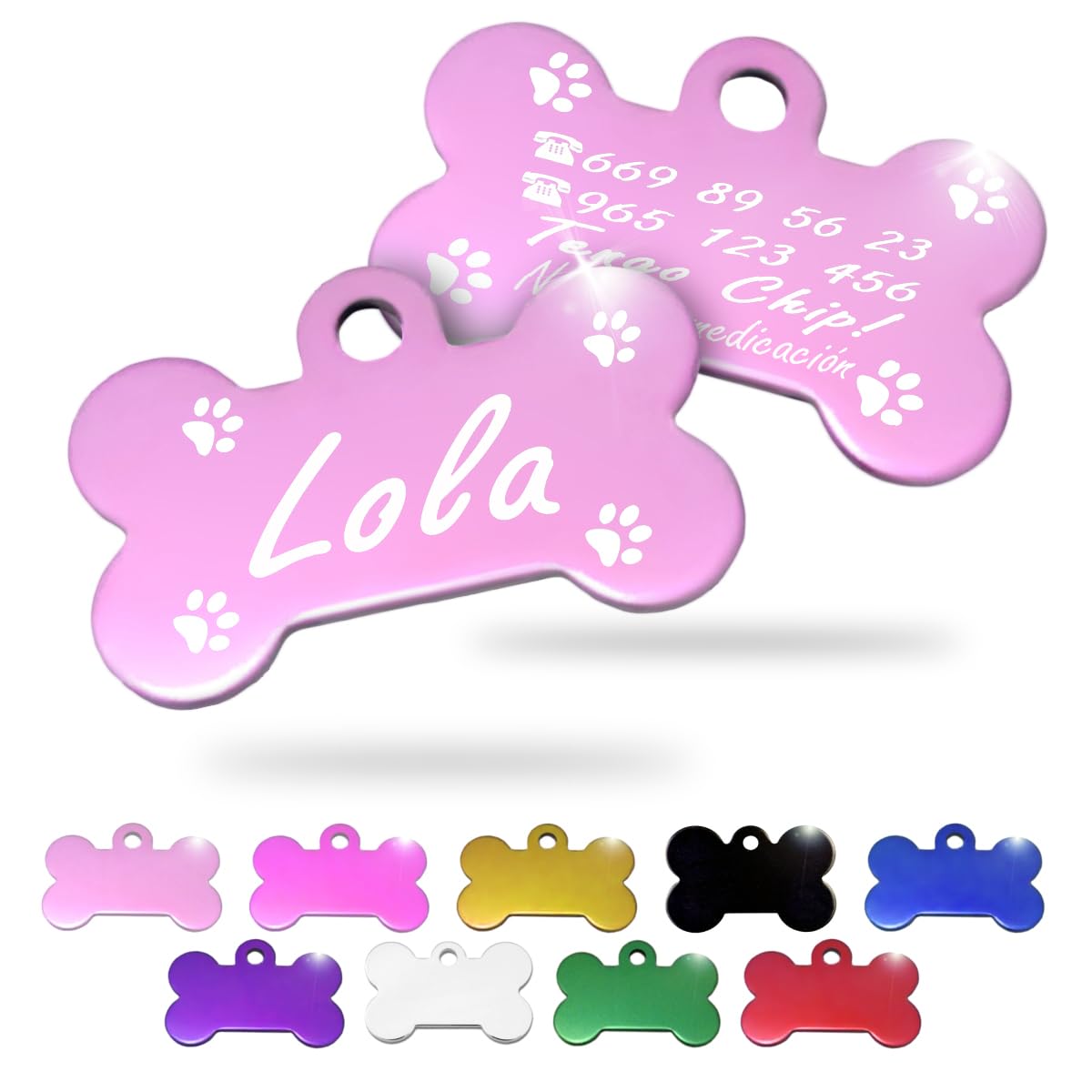 Ibera Gifts - Chapa Perro Grabada en Forma de Hueso, Placa Perro Personalizada para Perros y Gatos Medianos y Grandes, Tamaño 40 x 26 mm, Chapa Identificativa Perro y Gato (Negra)