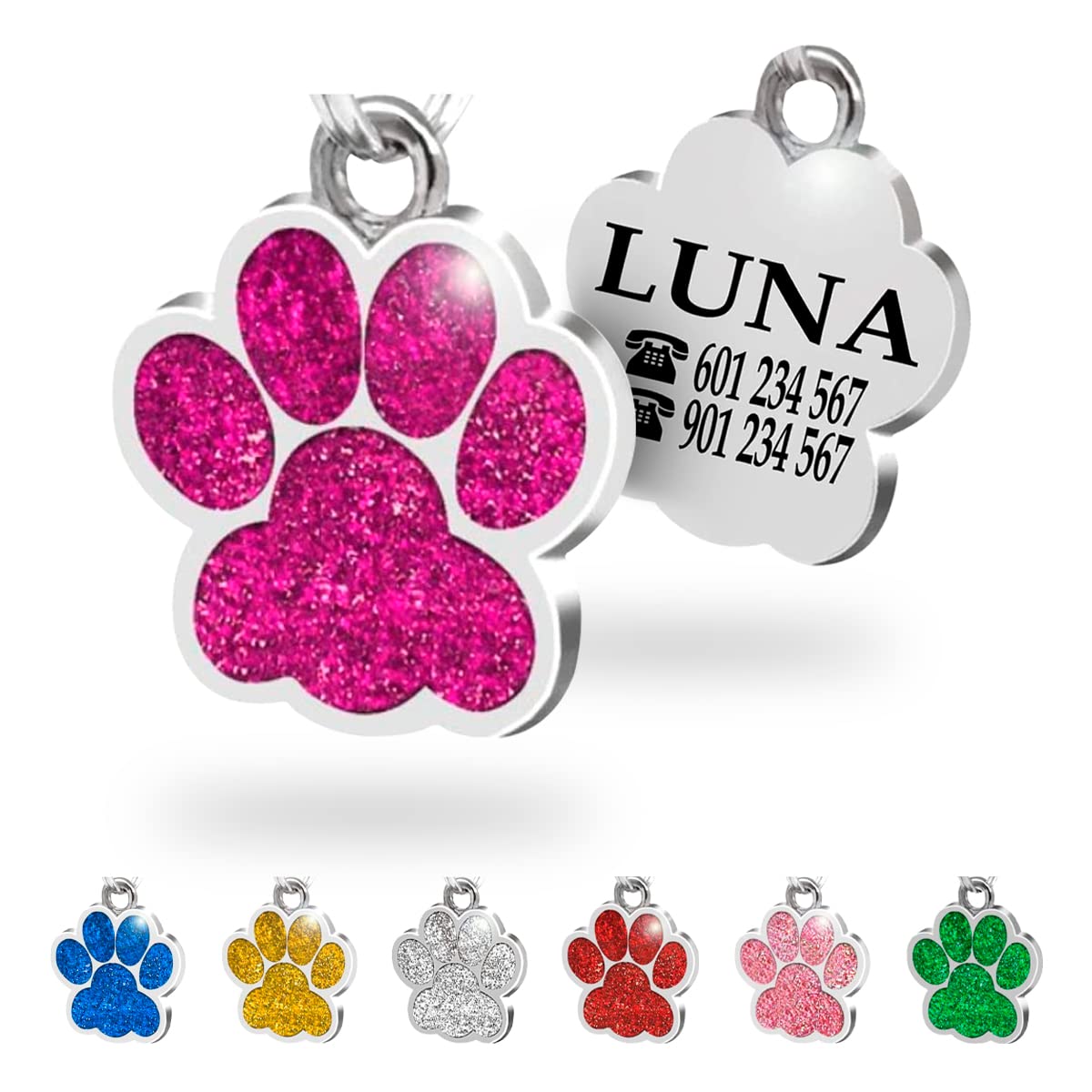 Ibera Gifts - Chapa Perro Grabada en Forma de Pata con Purpurina, Placa Perro Personalizada para Perros y Gatos Pequeños y Medianos, Tamaño 24 mm x 27 mm, Chapa Identificativa Perro y Gato (Azul)