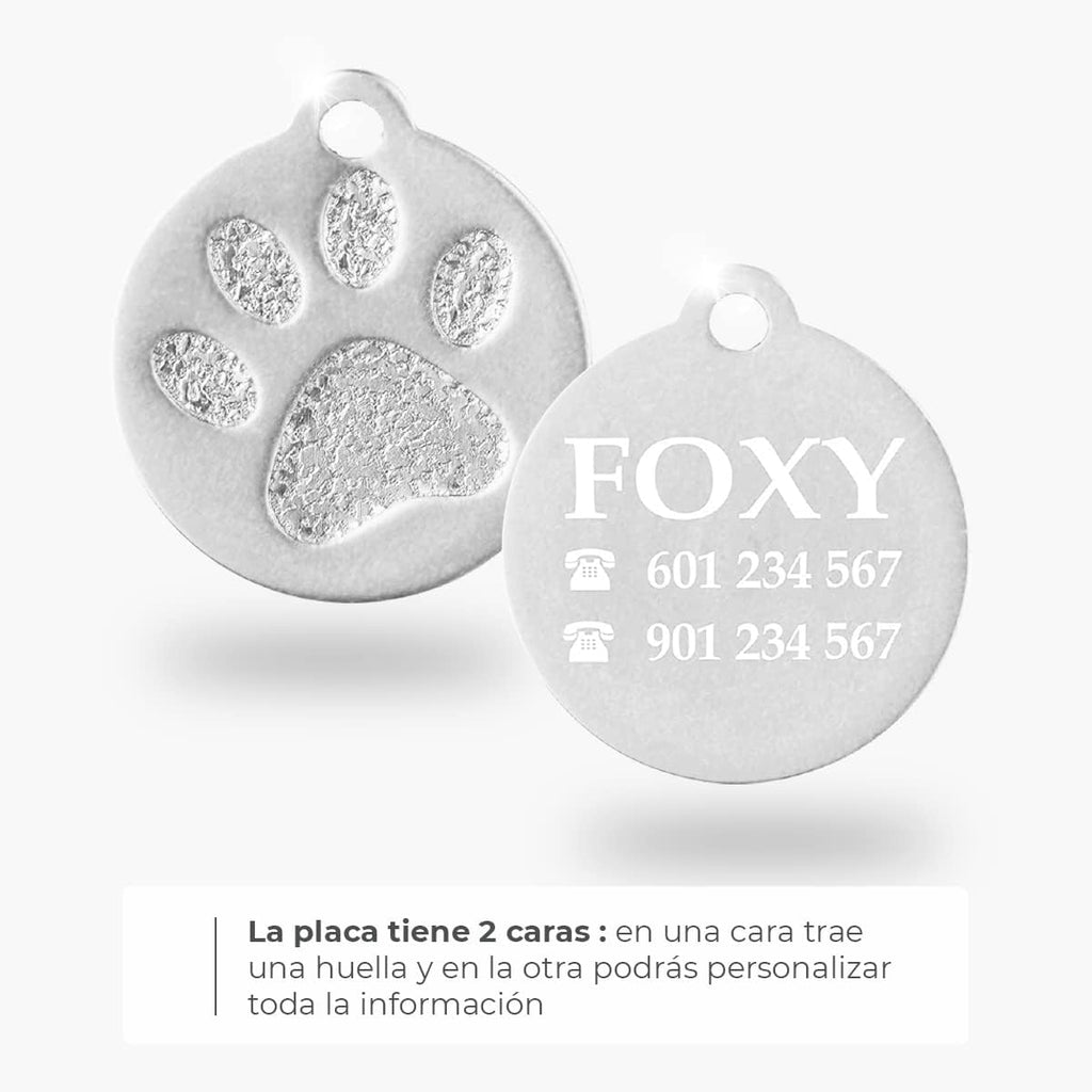 Ibera Gifts - Chapa Perro Grabada en Forma Redonda con Huella, Placa Perro Personalizada para Perros y Gatos Pequeños a Medianos, Tamaño 26 x 23 mm, Chapa Identificativa Perro y Gato (Plateada)