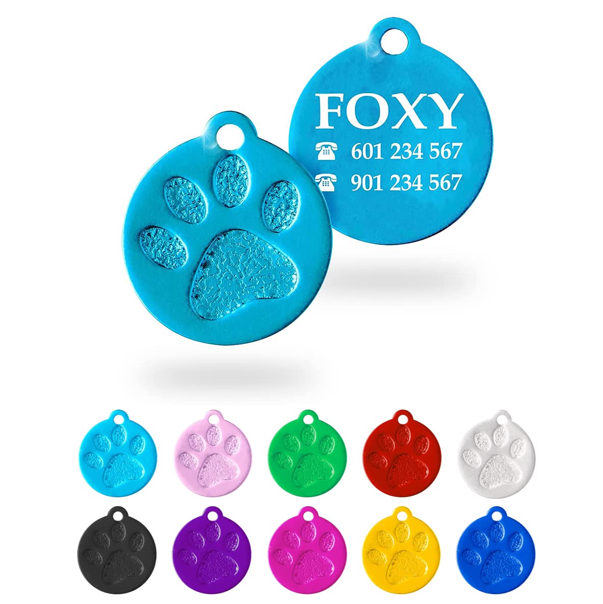 Ibera Gifts - Chapa Perro Grabada en Forma Redonda con Huella, Placa Perro Personalizada para Perros y Gatos Pequeños a Medianos, Tamaño 26 x 23 mm, Chapa Identificativa Perro y Gato (Plateada)