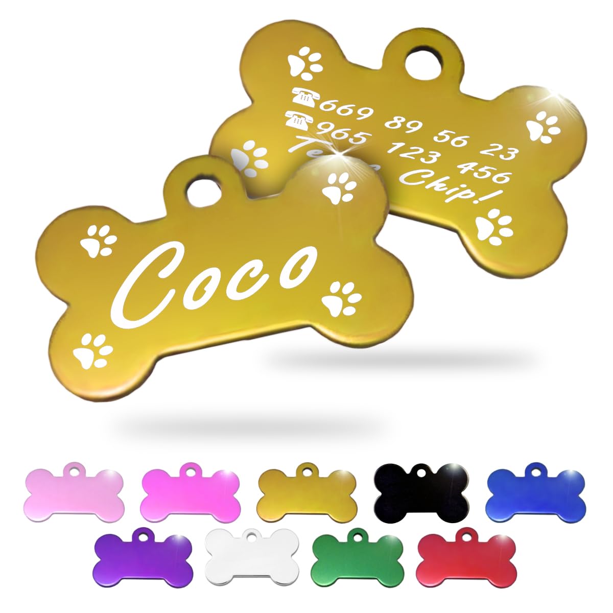 Ibera Gifts - Chapa Perro Grabada en Forma de Hueso, Placa Perro Personalizada para Perros y Gatos Pequeños y Medianos, Tamaño 30 x 20 mm, Chapa Identificativa Perro y Gato (Plateada)