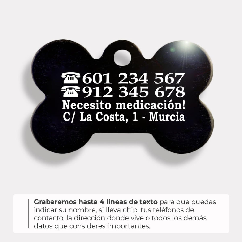 Ibera Gifts - Chapa Perro Grabada en Forma de Hueso, Placa Perro Personalizada para Perros y Gatos Medianos y Grandes, Tamaño 40 x 26 mm, Chapa Identificativa Perro y Gato (Negra)