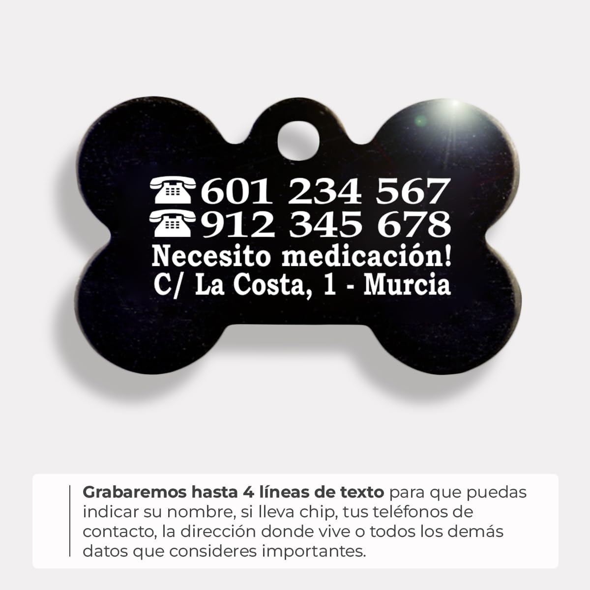 Ibera Gifts - Chapa Perro Grabada en Forma de Hueso, Placa Perro Personalizada para Perros y Gatos Medianos y Grandes, Tamaño 40 x 26 mm, Chapa Identificativa Perro y Gato (Negra)