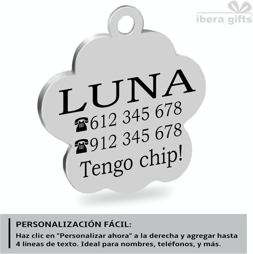 Ibera Gifts - Chapa Perro Grabada en Forma de Pata con Purpurina, Placa Perro Personalizada para Perros y Gatos Pequeños y Medianos, Tamaño 24 mm x 27 mm, Chapa Identificativa Perro y Gato (Azul)