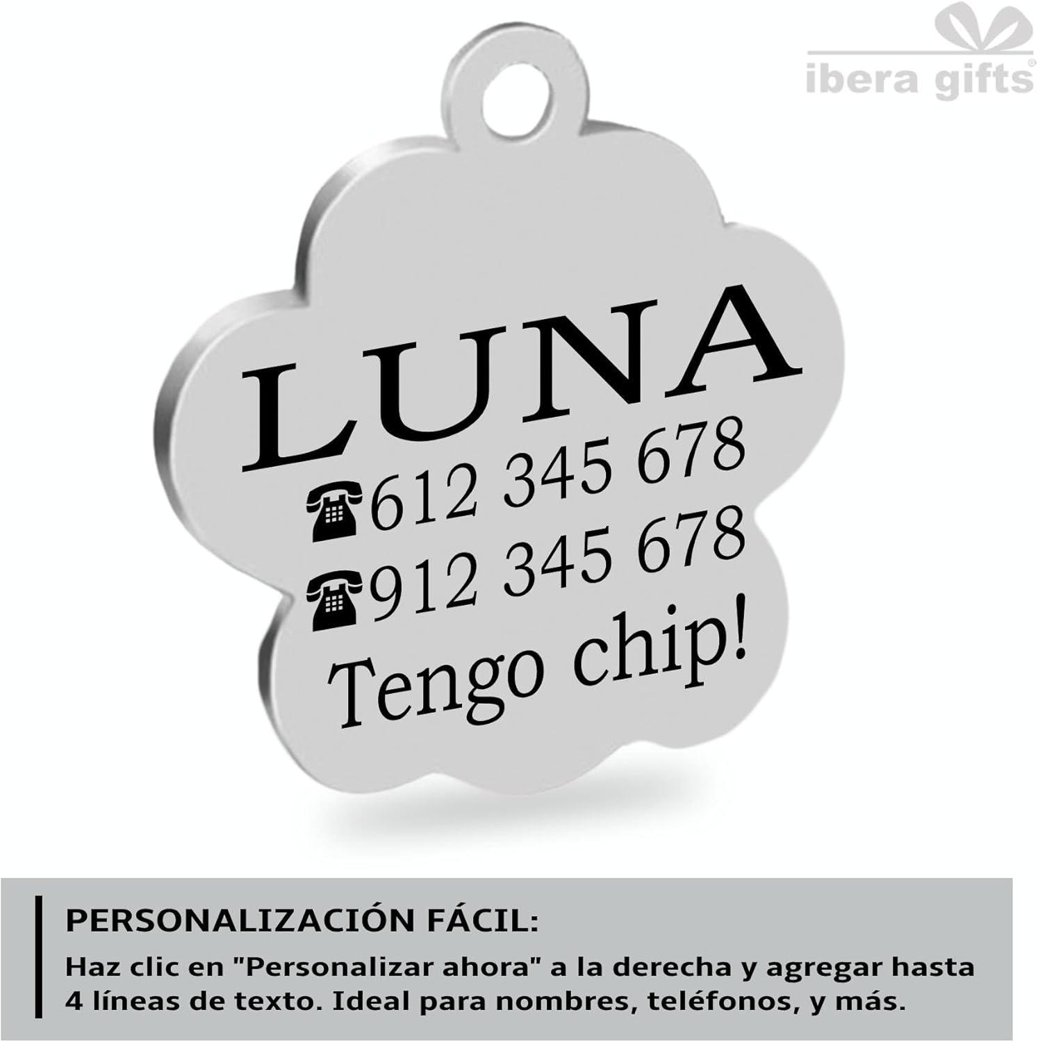 Ibera Gifts - Chapa Perro Grabada en Forma de Pata con Purpurina, Placa Perro Personalizada para Perros y Gatos Pequeños y Medianos, Tamaño 24 mm x 27 mm, Chapa Identificativa Perro y Gato (Azul)