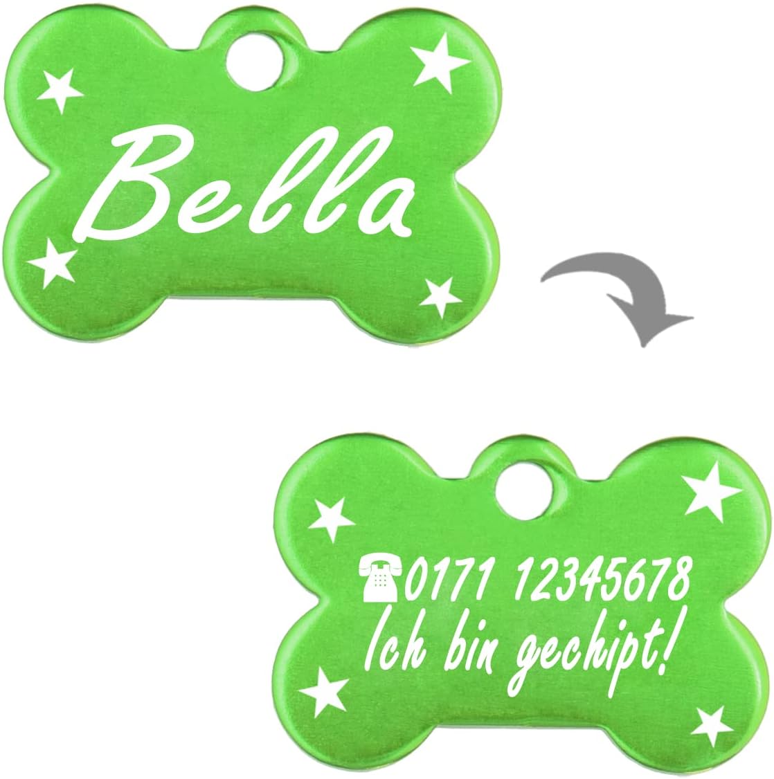Iberiagifts - Hundemarke Knochen mit Gravur und Sternefür sehr kleine Welpen - Hunde - Katzen Haustier Plakette Anhänger Halsband Medaillon graviert personalisiert (Grün)