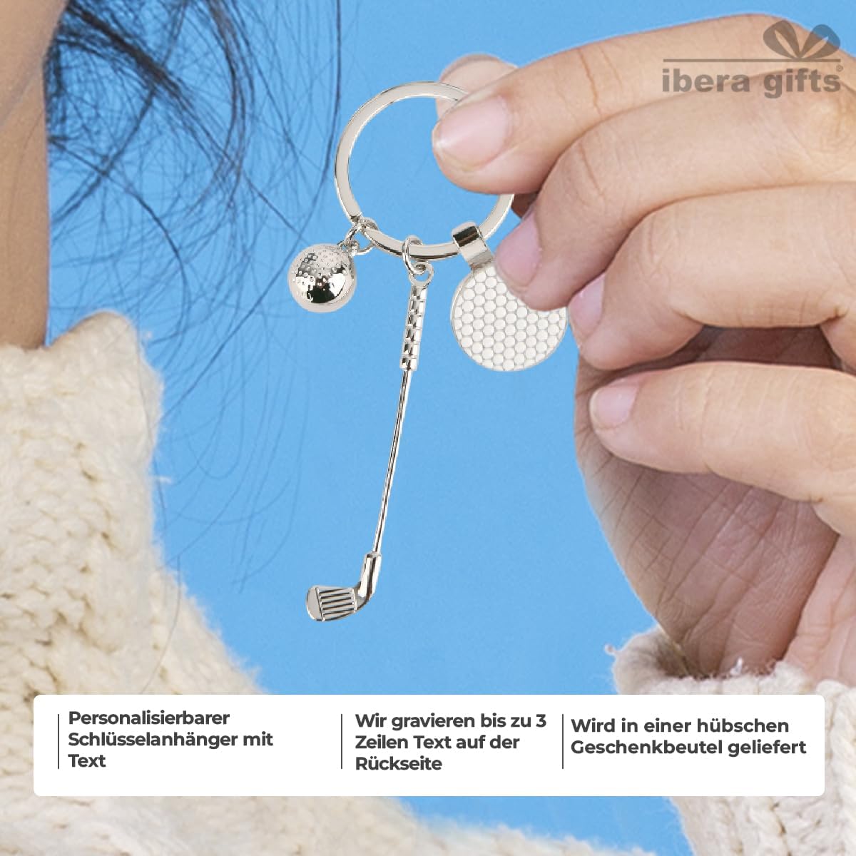 ibera gifts – Golf Schlüsselanhänger personalisiert mit Gravur – Schlüsselanhänger Golf mit Gravur – Geschenkidee für Golfer – Edelstahl – Golfballmarker (Club)