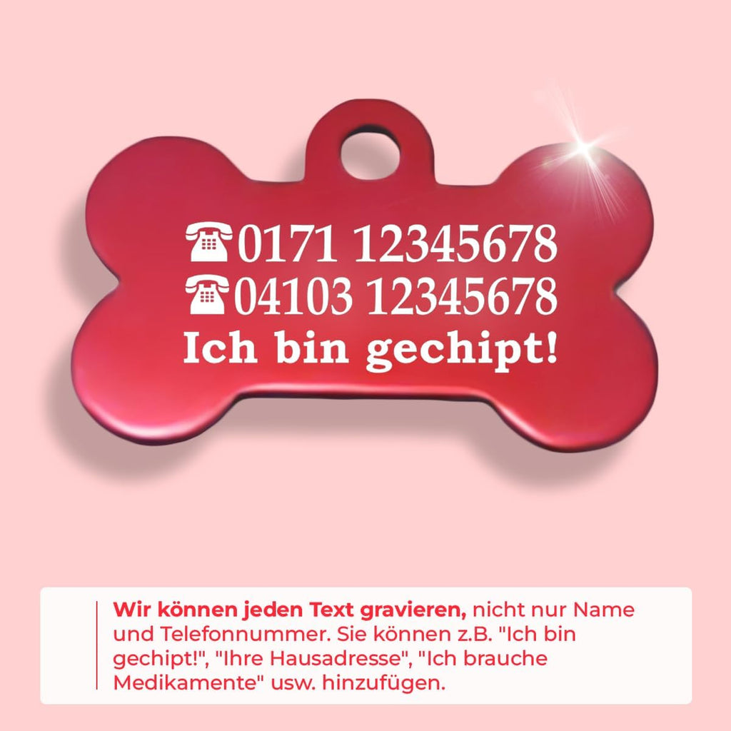 Ibera gifts - Hundemarke mit Gravur und personalisierte Hundemarke in Knochenform für kleine bis mittelgroße Hunde und Katzen (Rot, Keine Zeichnung)