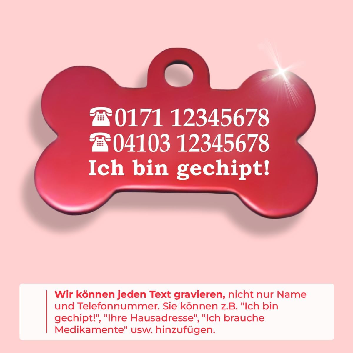 Ibera gifts - Hundemarke mit Gravur und personalisierte Hundemarke in Knochenform für kleine bis mittelgroße Hunde und Katzen (Rot, Keine Zeichnung)