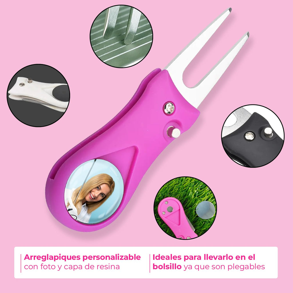 Arreglapiques de Golf con Marcador Magnetico Bolas Personalizado con Foto - Regalos para golfistas - Divot Tool, Pitch Fork, Accesorios arregla piques Repair pique repara green - Acabado Profesional