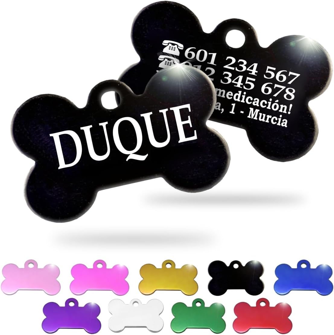 Ibera Gifts - Chapa Perro Grabada en Forma de Hueso, Placa Perro Personalizada para Perros y Gatos Medianos y Grandes, Tamaño 40 x 26 mm, Chapa Identificativa Perro y Gato (Negra)