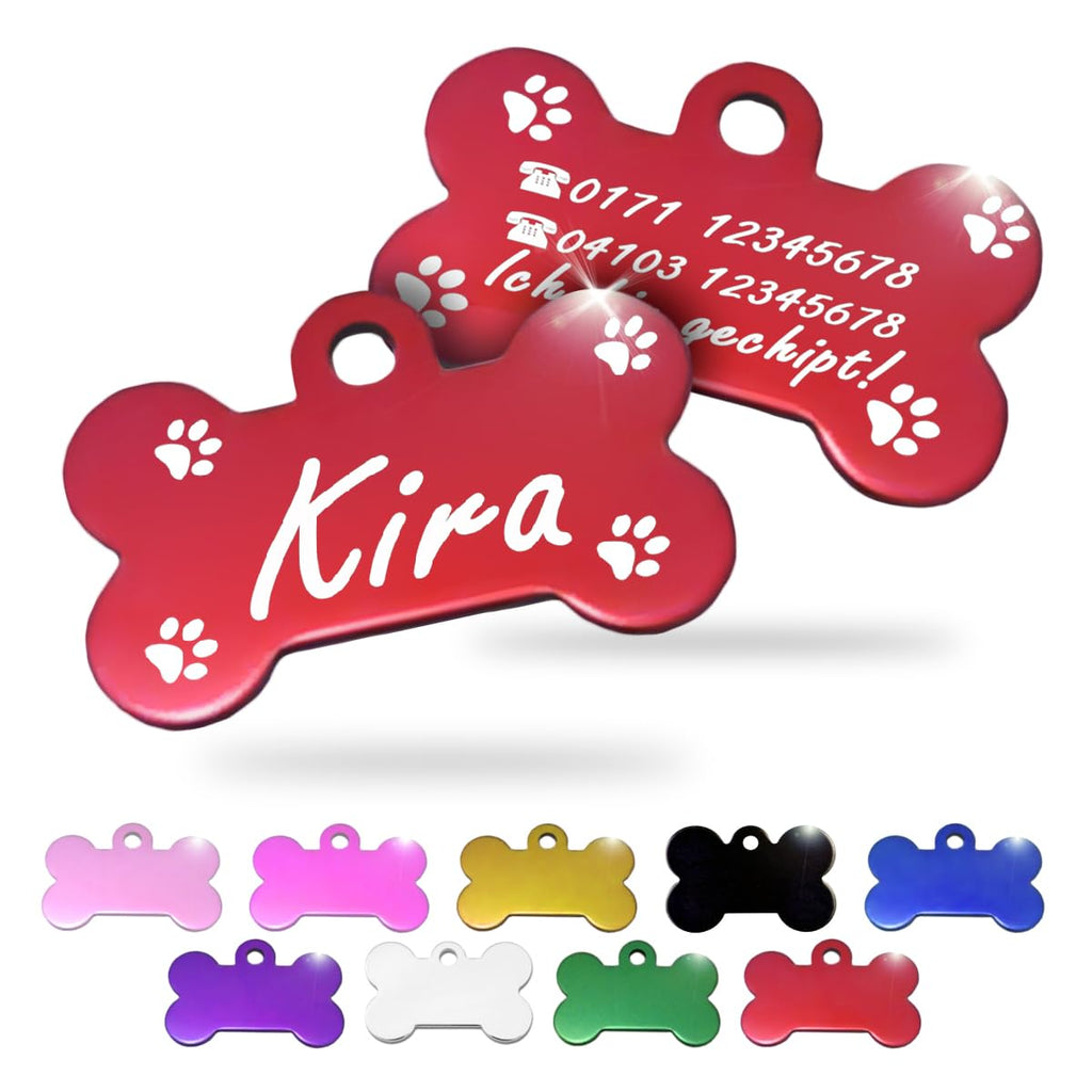 Ibera gifts - Hundemarke mit Gravur und personalisierte Hundemarke in Knochenform für kleine bis mittelgroße Hunde und Katzen (Rot, Keine Zeichnung)