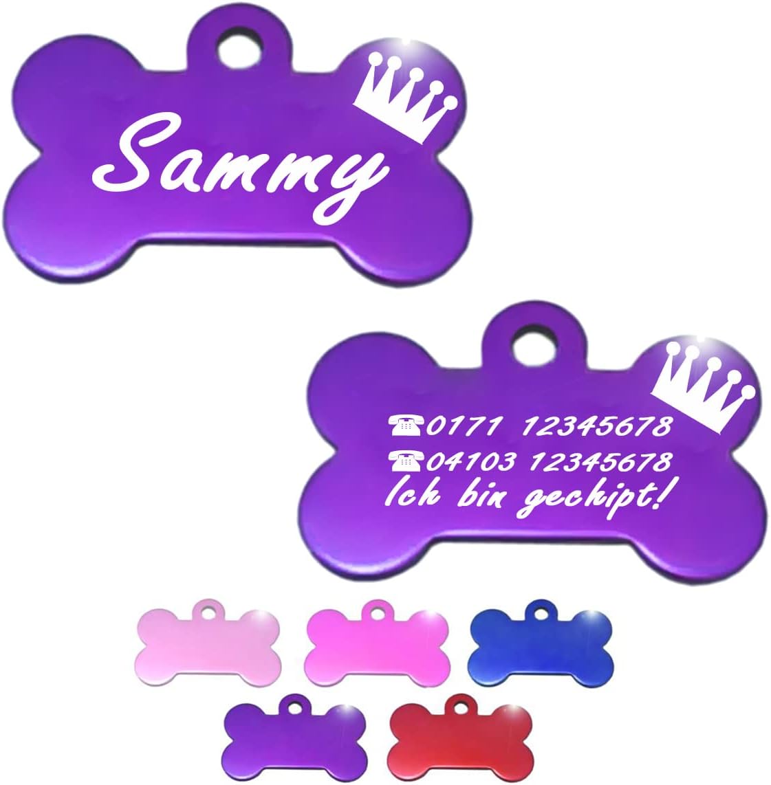 Ibera gifts - Hundemarke mit Gravur, Hundemarke personalisiert, XL, Knochenförmig, für große Haustiere, Aluminium (Lila)