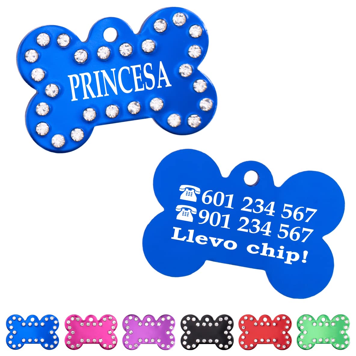 Ibera Gifts - Chapa Perro Grabada en Forma de Hueso con Pedrería, Placa Perro Personalizada para Perros y Gatos Medianos a Grandes, Tamaño 40 x 27 mm, Chapa Identificativa Perro y Gato (Fucsia)