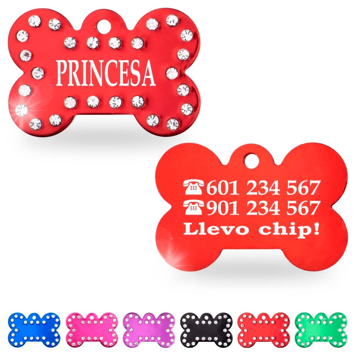 Ibera Gifts - Chapa Perro Grabada en Forma de Hueso con Pedrería, Placa Perro Personalizada para Perros y Gatos Medianos a Grandes, Tamaño 40 x 27 mm, Chapa Identificativa Perro y Gato (Fucsia)