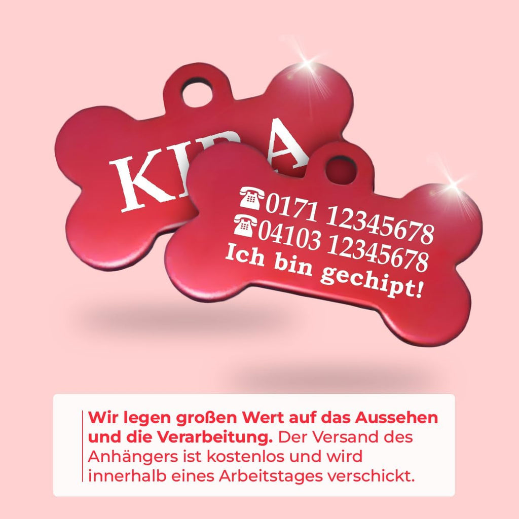 Ibera gifts - Hundemarke mit Gravur und personalisierte Hundemarke in Knochenform für kleine bis mittelgroße Hunde und Katzen (Rot, Keine Zeichnung)