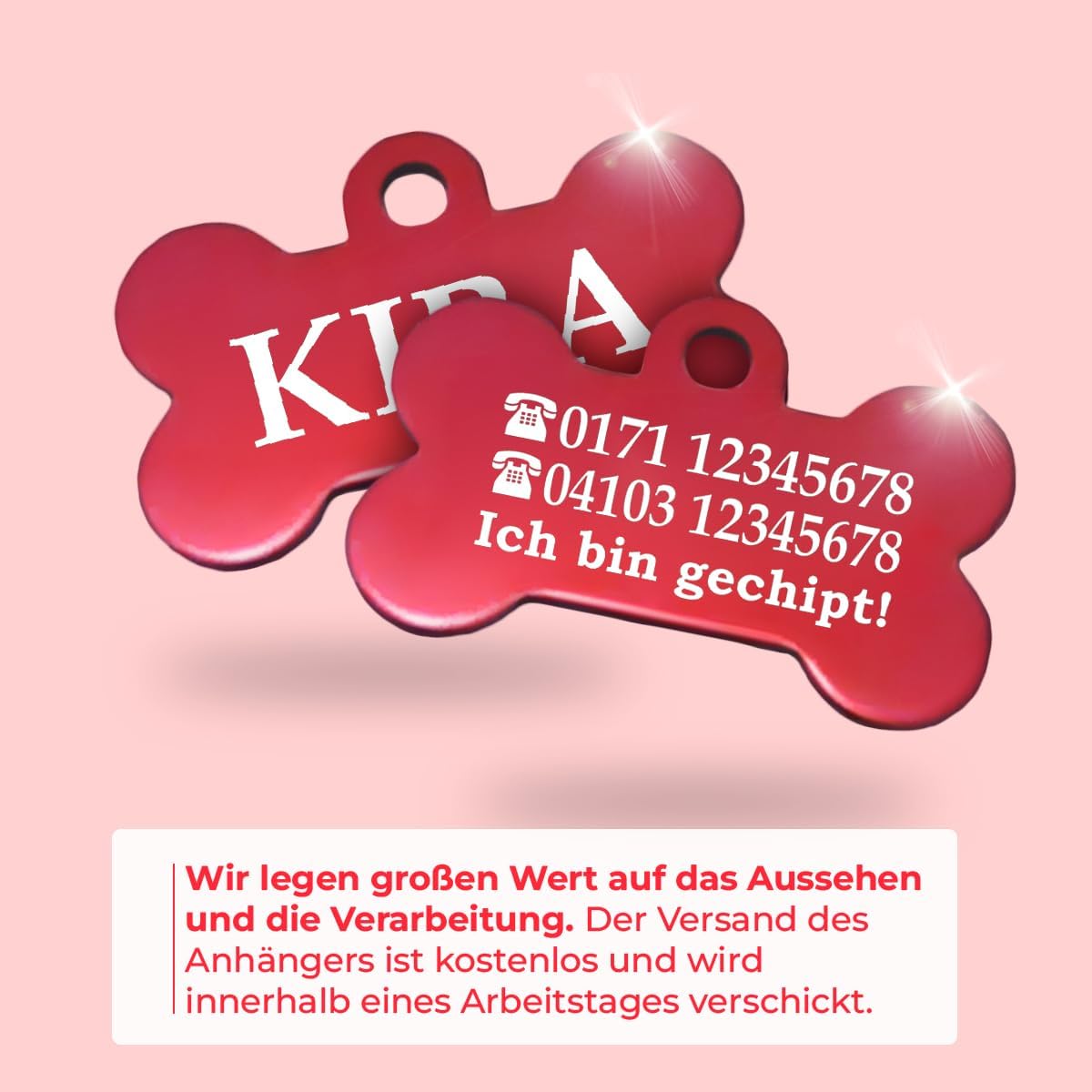 Ibera gifts - Hundemarke mit Gravur und personalisierte Hundemarke in Knochenform für kleine bis mittelgroße Hunde und Katzen (Rot, Keine Zeichnung)