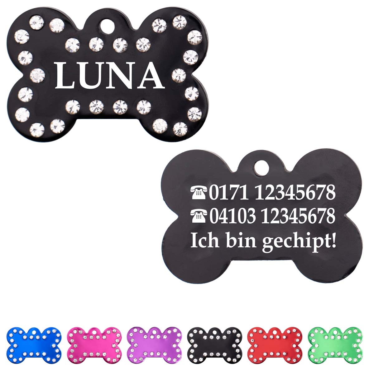 Ibera gifts: Hundemarke mit Gravur - Personalisierte Hundemarke aus glänzendem Aluminium mit Strasssteinen, Größe 40 x 26 mm, ideal für mittelgroße bis große Haustiere (Rot)