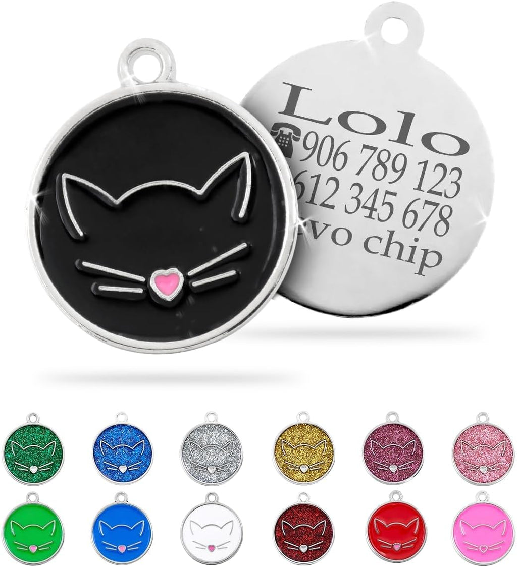 Ibera Gifts - Chapa Identificativa para Gato en Forma Redonda Con Cara de Gato, Nombre para Gatos de Todos los Tamaños, Metal de Aleación, Collar Personalizado (Negro)