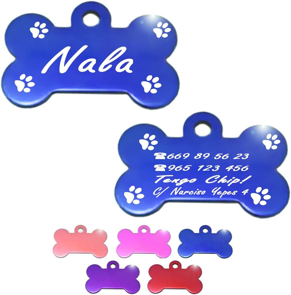 Ibera Gifts - Chapa Perro Grabada en Forma de Hueso con Dibujo de Patas, Placa Perro Personalizada para Perros y Gatos Grandes a Muy Grandes, XL, Chapa Identificativa Perro y Gato (Azul)