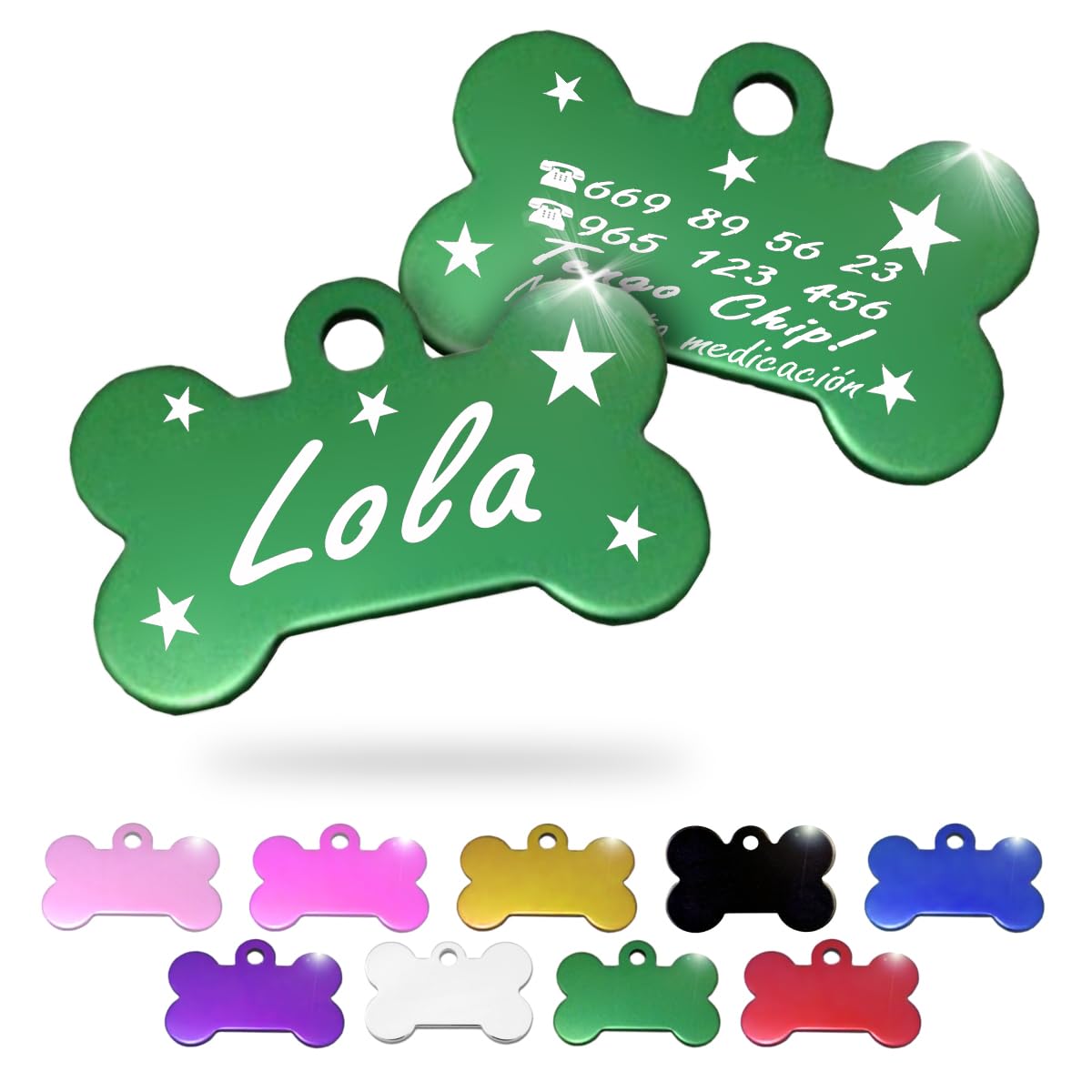 Ibera Gifts - Chapa Perro Grabada en Forma de Hueso, Placa Perro Personalizada para Perros y Gatos Medianos y Grandes, Tamaño 40 x 26 mm, Chapa Identificativa Perro y Gato (Negra)