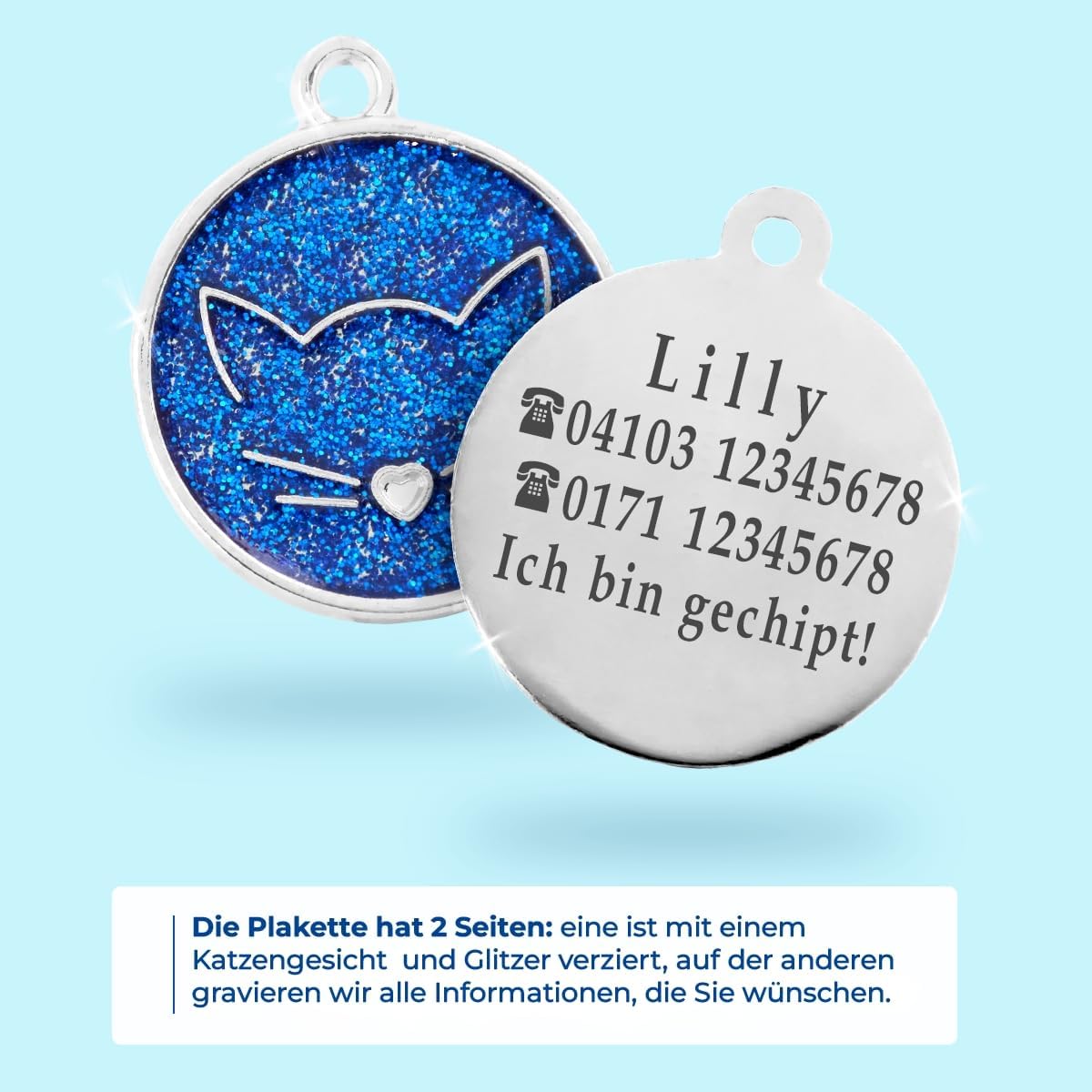 Ibera gifts - Runder Anhänger Katze mit Katzengesicht, personalisierter Adressanhänger für mittelgroße bis große Katzen, legiertes Metall, 25 x 25 mm, 4 Gravurzeilen auf der Rückseite (Glitter Blue)