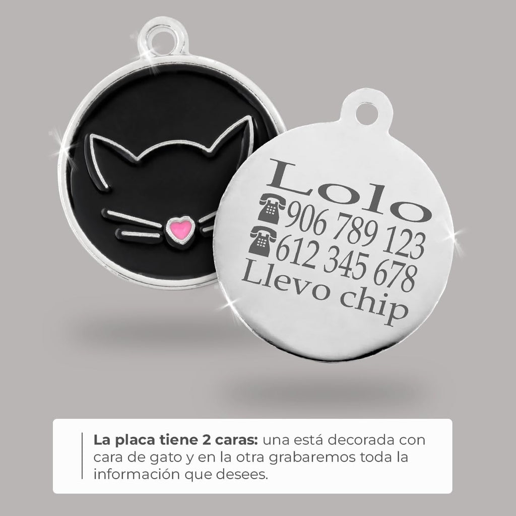 Ibera Gifts - Chapa Identificativa para Gato en Forma Redonda Con Cara de Gato, Nombre para Gatos de Todos los Tamaños, Metal de Aleación, Collar Personalizado (Negro)