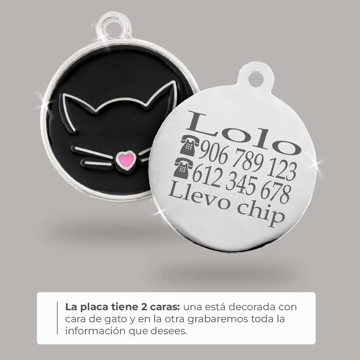 Ibera Gifts - Chapa Identificativa para Gato en Forma Redonda Con Cara de Gato, Nombre para Gatos de Todos los Tamaños, Metal de Aleación, Collar Personalizado (Negro)