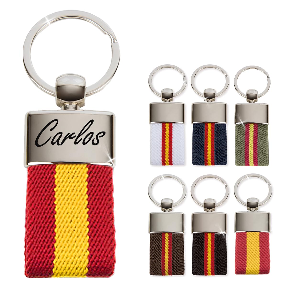 ibera gifts - Schlüsselanhänger personalisiert mit Farben der Spanischen Flagge, mit Namen, 9,5 x 3,2 cm, in Geschenkbeutel