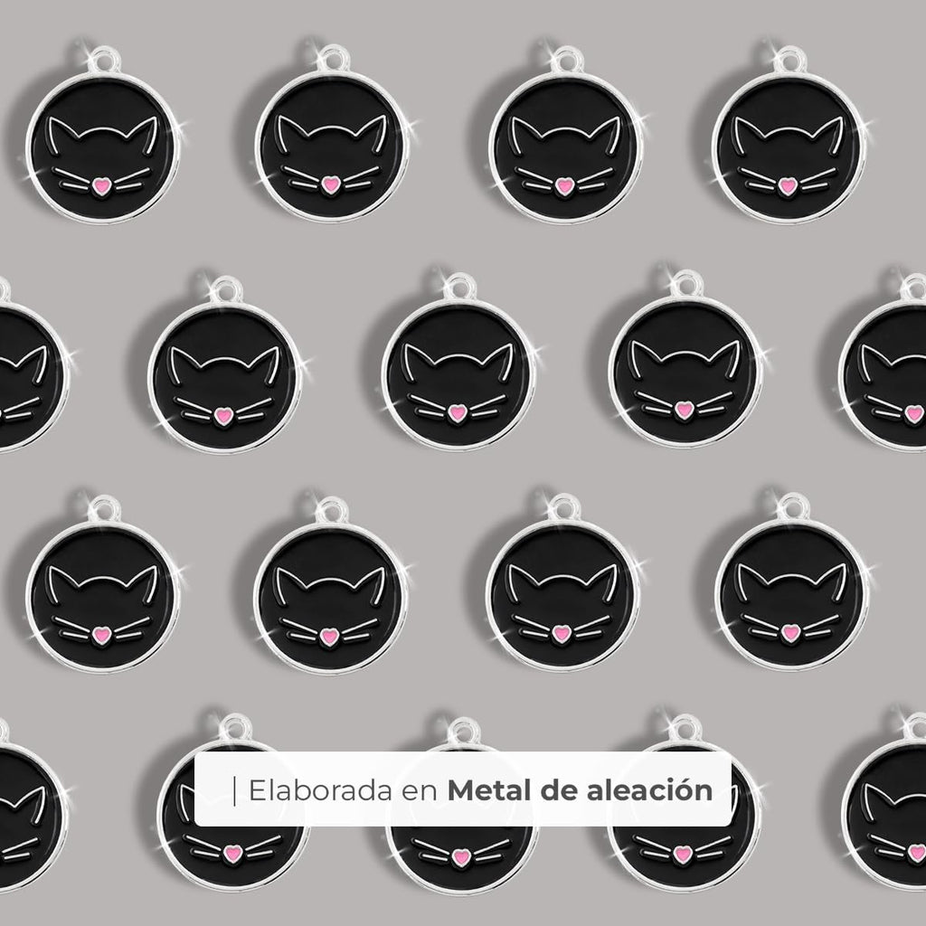 Ibera Gifts - Chapa Identificativa para Gato en Forma Redonda Con Cara de Gato, Nombre para Gatos de Todos los Tamaños, Metal de Aleación, Collar Personalizado (Negro)
